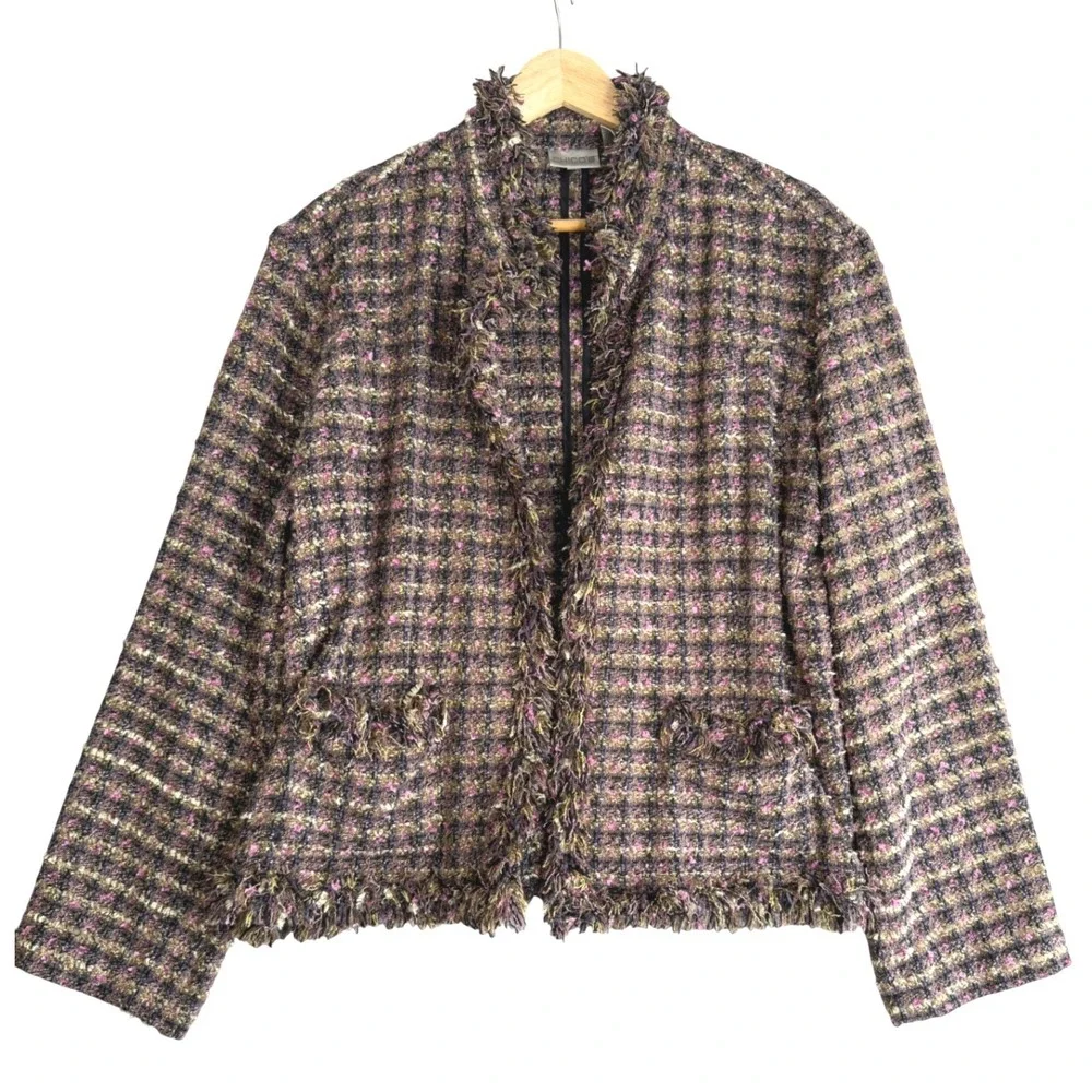 Vintage 90s Chicos Tweed Fringed Jacket Womens 3 XL Multicolor Plaid Office Chic